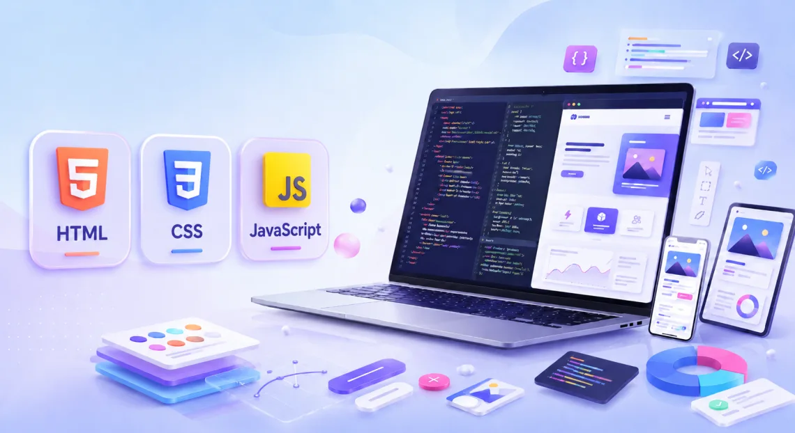 Ілюстрація курсу Front-end з HTML CSS кодом і готовим сайтом у браузері