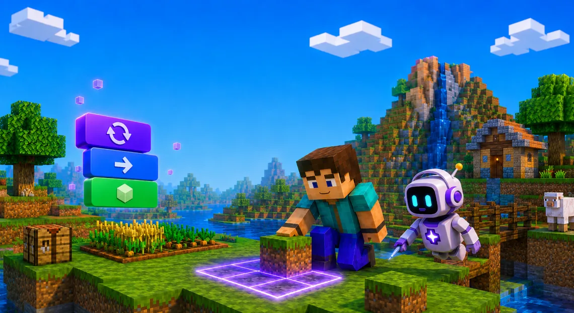 Ілюстрація курсу Minecraft Education з кубічним світом і блоковим кодом