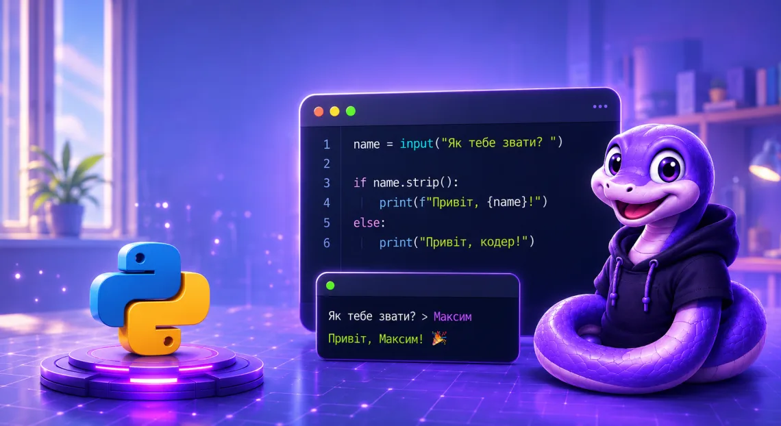 Ілюстрація курсу Python з редактором коду та дружнім маскотом
