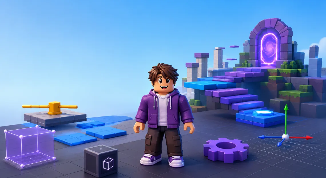 Ілюстрація курсу Roblox зі створенням гри та 3D-персонажем
