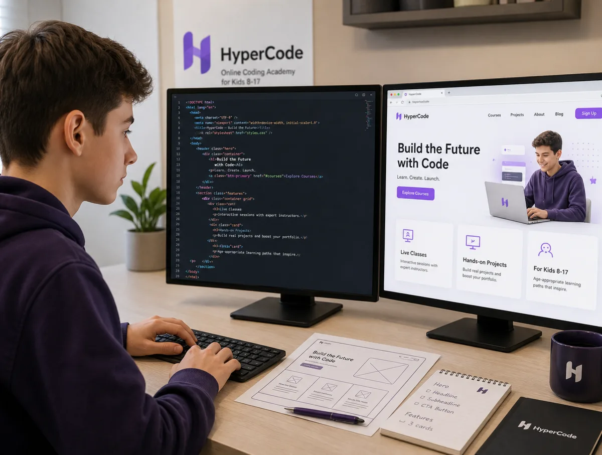 Підліток створює сайт на курсі Front-end в HyperCode