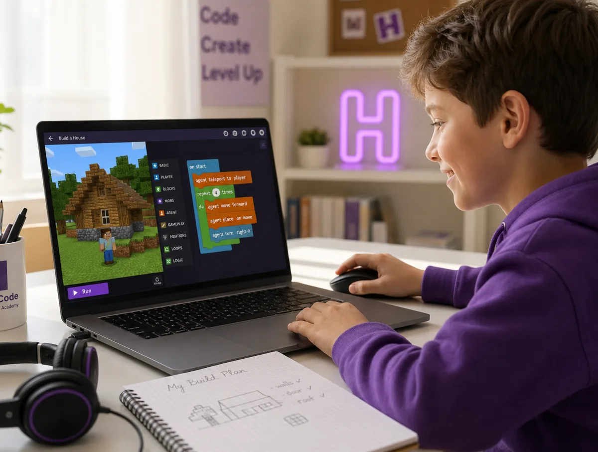 Дитина на занятті Minecraft Education програмує та створює світ
