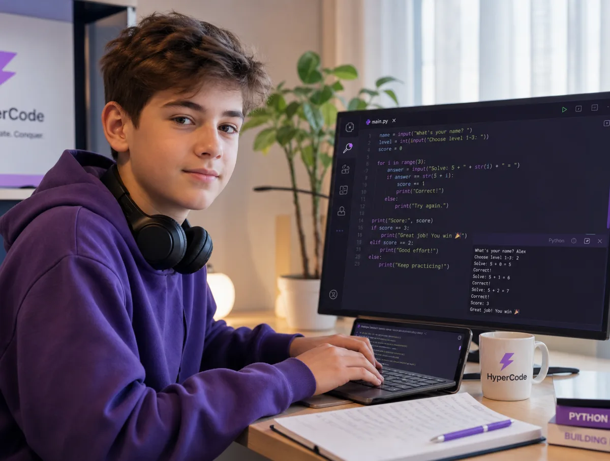 Підліток пише код Python на онлайн-курсі програмування