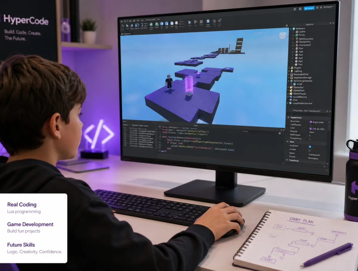 Дитина створює гру в Roblox Studio на курсі HyperCode