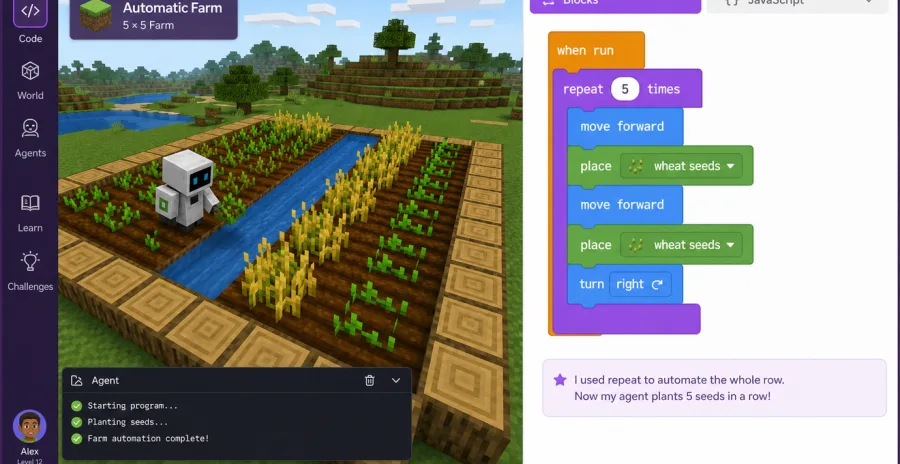 Автоматична ферма в Minecraft Education з агентом і блоковим кодом