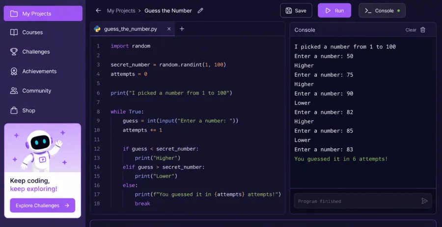 Консольна гра Вгадай число на Python, створена учнем